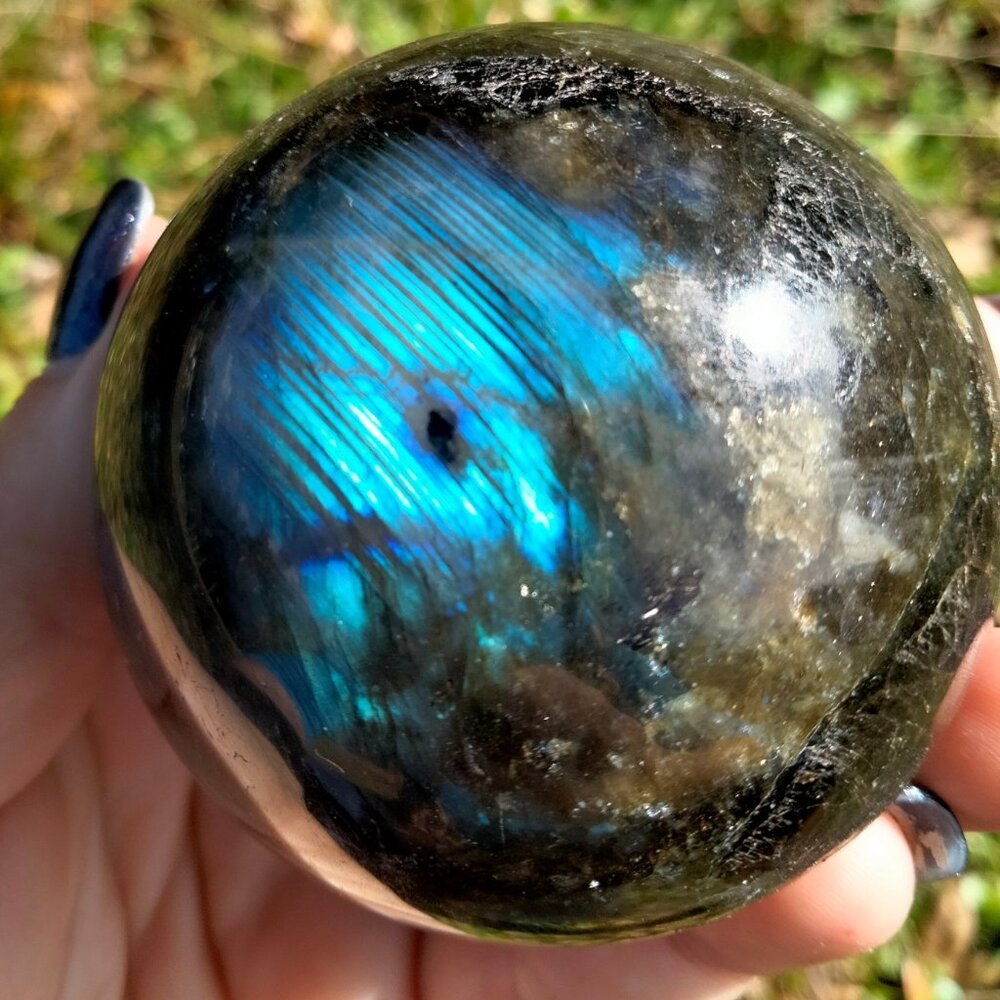 Labradorite stone crystal Sphere with multiple blue flash and golden shimmer